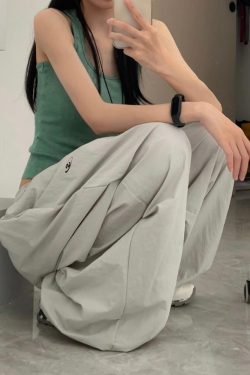 Women's American Vintage Cargo Pants - Summer Loose Casual Wide-Leg Parachute Pants with Drawstring, Hip-Hop Style