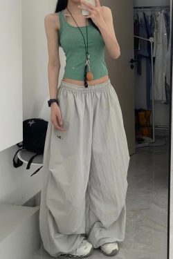 Women's American Vintage Cargo Pants - Summer Loose Casual Wide-Leg Parachute Pants with Drawstring, Hip-Hop Style