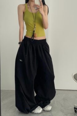 Women's American Vintage Cargo Pants - Summer Loose Casual Wide-Leg Parachute Pants with Drawstring, Hip-Hop Style