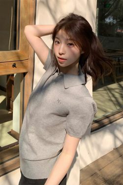 Women's American Vintage Polo Shirt, Gray Knitted Short Sleeve with Letter Embroidery, Casual Summer Style Top