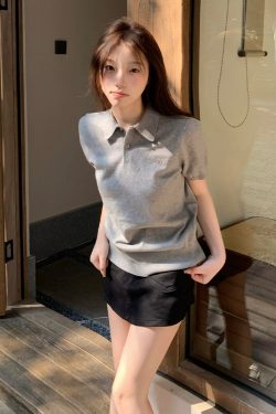 Women's American Vintage Polo Shirt, Gray Knitted Short Sleeve with Letter Embroidery, Casual Summer Style Top