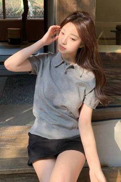 Women's American Vintage Polo Shirt, Gray Knitted Short Sleeve with Letter Embroidery, Casual Summer Style Top