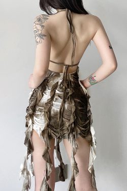 Women's Backless Halter Neck Bodycon Skirt with Tassel Straps, Layered Design, Vintage Inspired, Edgy Wasteland Look