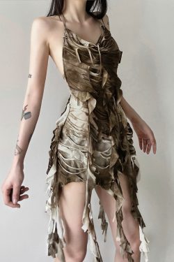 Women's Backless Halter Neck Bodycon Skirt with Tassel Straps, Layered Design, Vintage Inspired, Edgy Wasteland Look