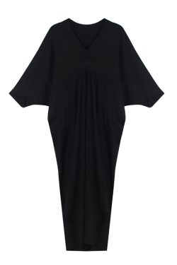 Women’s Bat Sleeve Cocoon Dress - Loose V-Neck, Mid-Length, Pleated, Draped, Three-Quarter Sleeves - Spring/Summer 2025 Fashion