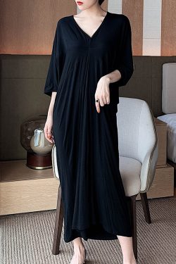 Women’s Bat Sleeve Cocoon Dress - Loose V-Neck, Mid-Length, Pleated, Draped, Three-Quarter Sleeves - Spring/Summer 2025 Fashion