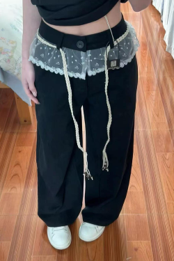 Women's Black Lace Splicing Cargo Pants - 2025 Wide-Leg Design, American Style, Korean Casual Fashion