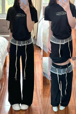 Women's Black Lace Splicing Cargo Pants - 2025 Wide-Leg Design, American Style, Korean Casual Fashion