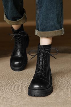 Women's Black Lace-Up Thick-Soled Martin Boots in First-Layer Cowhide - Stylish Short Boots for Fall and Winter