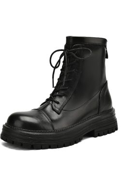 Women's Black Lace-Up Thick-Soled Martin Boots in First-Layer Cowhide - Stylish Short Boots for Fall and Winter