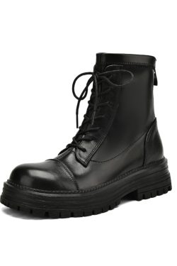 Women's Black Lace-Up Thick-Soled Martin Boots in First-Layer Cowhide - Stylish Short Boots for Fall and Winter