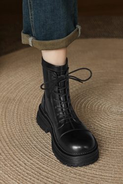 Women's Black Lace-Up Thick-Soled Martin Boots in First-Layer Cowhide - Stylish Short Boots for Fall and Winter