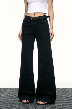 Women's Black Mid-Waist Flared Jeans - Versatile High Street Wide-Leg Trousers for Spring - Slimming Floor-Length Style