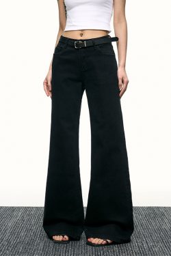 Women's Black Mid-Waist Flared Jeans - Versatile High Street Wide-Leg Trousers for Spring - Slimming Floor-Length Style