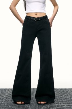 Women's Black Mid-Waist Flared Jeans - Versatile High Street Wide-Leg Trousers for Spring - Slimming Floor-Length Style