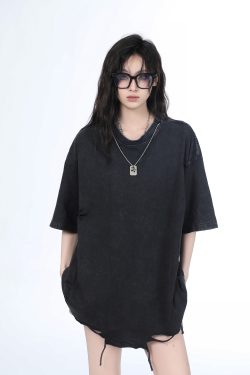 Women's Black Short Sleeve T-Shirt with Hip-Hop Destruction Design - Loose Fit Summer Trend for Casual Style