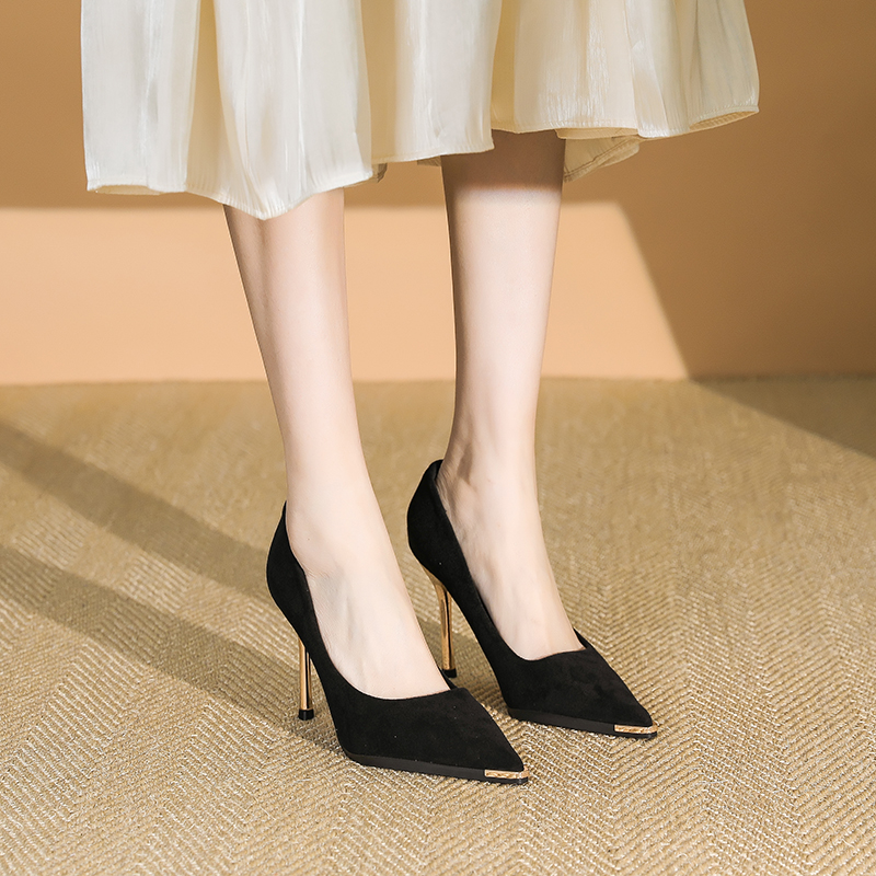 Women's Black Suede Pointed-Toe High-Heeled Shoes, Thin-Heel Slip-Ons for Spring & Autumn, Versatile Work & Commuting Footwear 2025 Women's Black Suede Pointed-Toe High-Heeled Shoes, Thin-Heel Slip-Ons for Spring & Autumn, Versatile Work & Commuting Footwear 2025