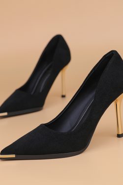 Women's Black Suede Pointed-Toe High-Heeled Shoes, Thin-Heel Slip-Ons for Spring & Autumn, Versatile Work & Commuting Footwear 2025