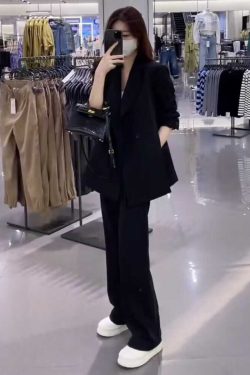 Women's Black Suit Jacket and Wide-Leg Pants Set - High-End Drape with Side Slit - 2025 Spring Autumn Fashion