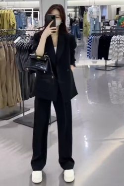 Women's Black Suit Jacket and Wide-Leg Pants Set - High-End Drape with Side Slit - 2025 Spring Autumn Fashion