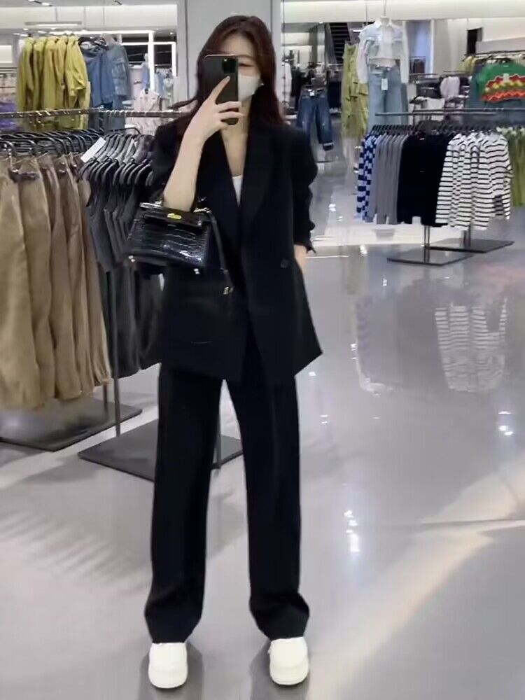 Women's Black Suit Jacket and Wide-Leg Pants Set - High-End Drape with Side Slit - 2025 Spring Autumn Fashion Women's Black Suit Jacket and Wide-Leg Pants Set - High-End Drape with Side Slit - 2025 Spring Autumn Fashion