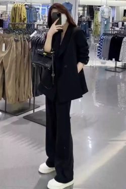 Women's Black Suit Jacket and Wide-Leg Pants Set - High-End Drape with Side Slit - 2025 Spring Autumn Fashion