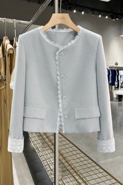 Women's Blue Lace Spliced Short Jacket - Trendy Spring 2025 Fashion for Autumn, Chic Layering Top