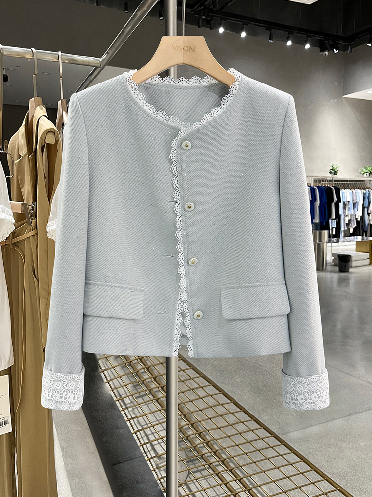 Women's Blue Lace Spliced Short Jacket - Trendy Spring 2025 Fashion for Autumn, Chic Layering Top Women's Blue Lace Spliced Short Jacket - Trendy Spring 2025 Fashion for Autumn, Chic Layering Top
