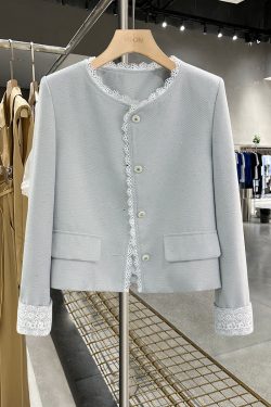 Women's Blue Lace Spliced Short Jacket - Trendy Spring 2025 Fashion for Autumn, Chic Layering Top