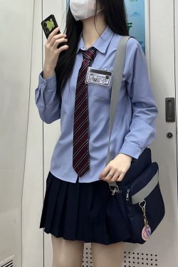 Women's Blue Long Sleeve Shirt - Basic Layered Design for Spring Summer, College Style, Niche Fashion for Students