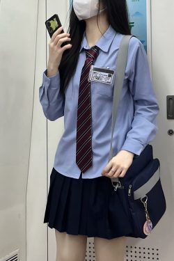 Women's Blue Long Sleeve Shirt - Basic Layered Design for Spring Summer, College Style, Niche Fashion for Students