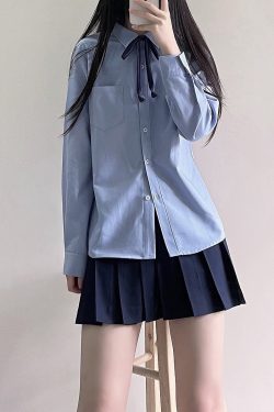 Women's Blue Long Sleeve Shirt - Basic Layered Design for Spring Summer, College Style, Niche Fashion for Students