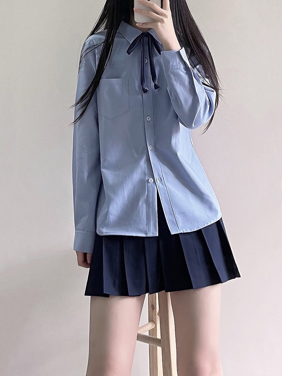 Women's Blue Long Sleeve Shirt - Basic Layered Design for Spring Summer, College Style, Niche Fashion for Students Women's Blue Long Sleeve Shirt - Basic Layered Design for Spring Summer, College Style, Niche Fashion for Students