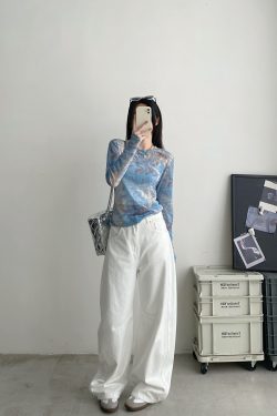 Women's Blue Tie-Dye Long Sleeve T-Shirt - Slim Fit Round Neck with Sun Protection - Summer Korean Style