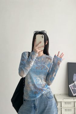Women's Blue Tie-Dye Long Sleeve T-Shirt - Slim Fit Round Neck with Sun Protection - Summer Korean Style