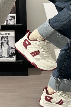 Women's Breathable Mesh Lightweight Soft-Soled Dad Shoes in Wine Red - Versatile Y2K White Sneakers for Everyday Style