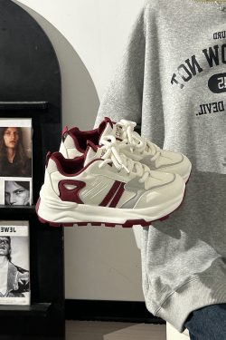 Women's Breathable Mesh Lightweight Soft-Soled Dad Shoes in Wine Red - Versatile Y2K White Sneakers for Everyday Style