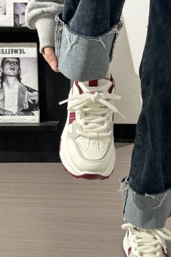 Women's Breathable Mesh Lightweight Soft-Soled Dad Shoes in Wine Red - Versatile Y2K White Sneakers for Everyday Style