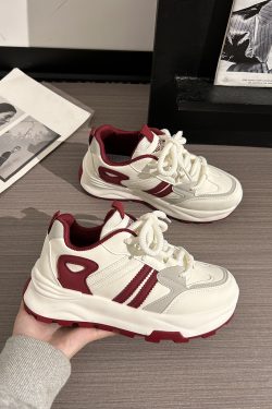 Women's Breathable Mesh Lightweight Soft-Soled Dad Shoes in Wine Red - Versatile Y2K White Sneakers for Everyday Style