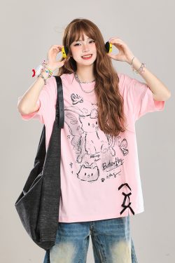 Women's Cartoon Bear Printed Short Sleeve T-Shirt - 2025 Summer Casual Loose Fit, Age-Reducing Style