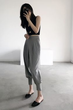 Women's Casual Tapered Cotton Harem Pants with Pockets, Elastic Waist, Slim Fit, 9-Point Length, Trendy Relaxed Style