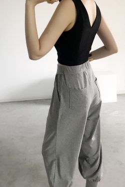 Women's Casual Tapered Cotton Harem Pants with Pockets, Elastic Waist, Slim Fit, 9-Point Length, Trendy Relaxed Style