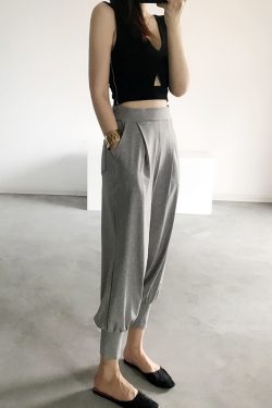 Women's Casual Tapered Cotton Harem Pants with Pockets, Elastic Waist, Slim Fit, 9-Point Length, Trendy Relaxed Style