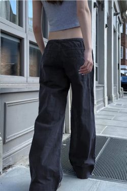 Women's Casual Wide Leg Pants - Simple Deep Blue Low Waist Elastic Drawstring Draped Street Style Trousers