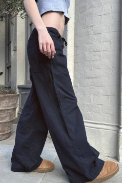 Women's Casual Wide Leg Pants - Simple Deep Blue Low Waist Elastic Drawstring Draped Street Style Trousers