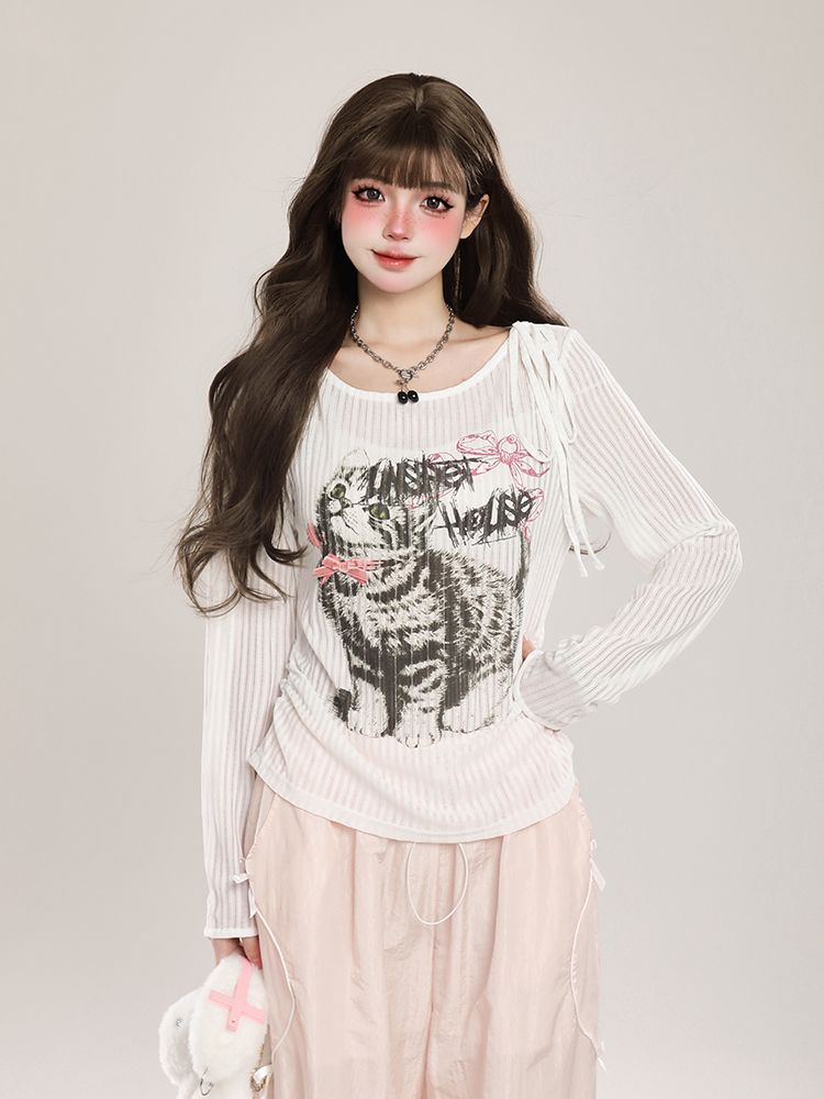 Women's Cat Long Sleeve T-Shirt Sun Protection Cover-Up, Sheer Spring Outfit with Relaxed Fit, Sweet and Spicy Style Women's Cat Long Sleeve T-Shirt Sun Protection Cover-Up, Sheer Spring Outfit with Relaxed Fit, Sweet and Spicy Style