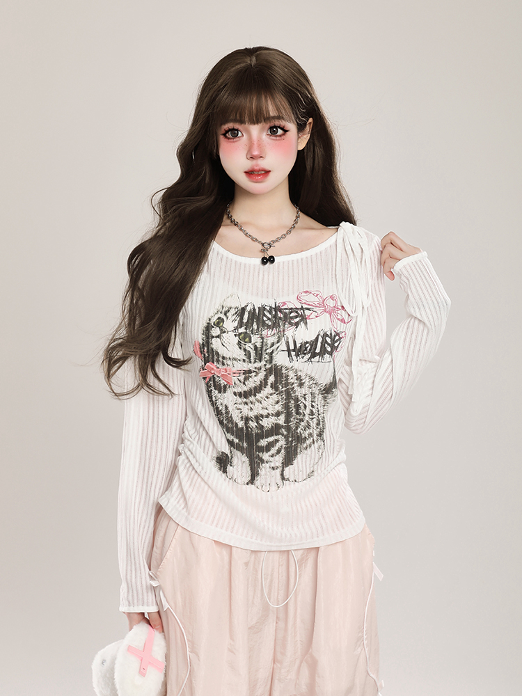 Women's Cat Long Sleeve T-Shirt Sun Protection Cover-Up, Sheer Spring Outfit with Relaxed Fit, Sweet and Spicy Style Women's Cat Long Sleeve T-Shirt Sun Protection Cover-Up, Sheer Spring Outfit with Relaxed Fit, Sweet and Spicy Style