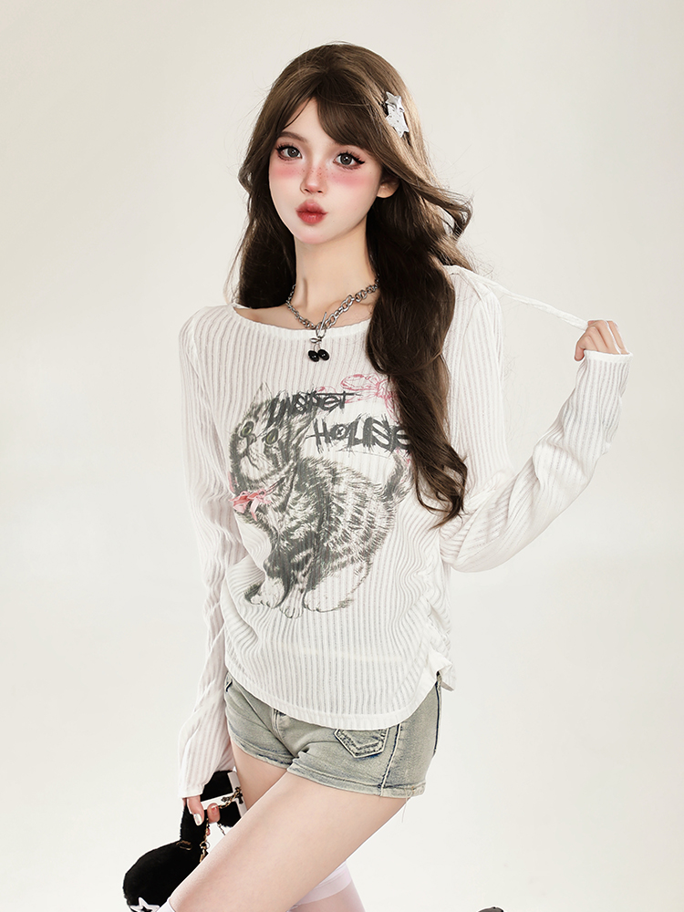 Women's Cat Long Sleeve T-Shirt Sun Protection Cover-Up, Sheer Spring Outfit with Relaxed Fit, Sweet and Spicy Style Women's Cat Long Sleeve T-Shirt Sun Protection Cover-Up, Sheer Spring Outfit with Relaxed Fit, Sweet and Spicy Style