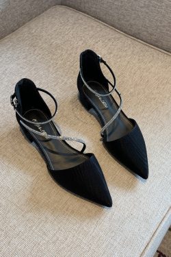 Women's Chunky Heel Rhinestone One-Strap Pointed Toe Shoes - Versatile Korean Style Hollow Design for Spring 2025