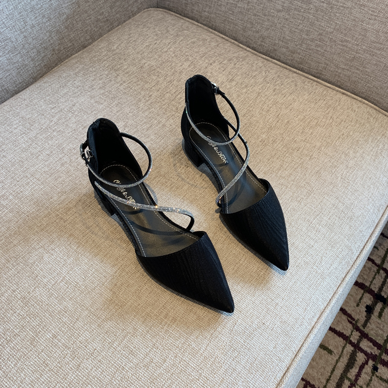 Women's Chunky Heel Rhinestone One-Strap Pointed Toe Shoes - Versatile Korean Style Hollow Design for Spring 2025 Women's Chunky Heel Rhinestone One-Strap Pointed Toe Shoes - Versatile Korean Style Hollow Design for Spring 2025